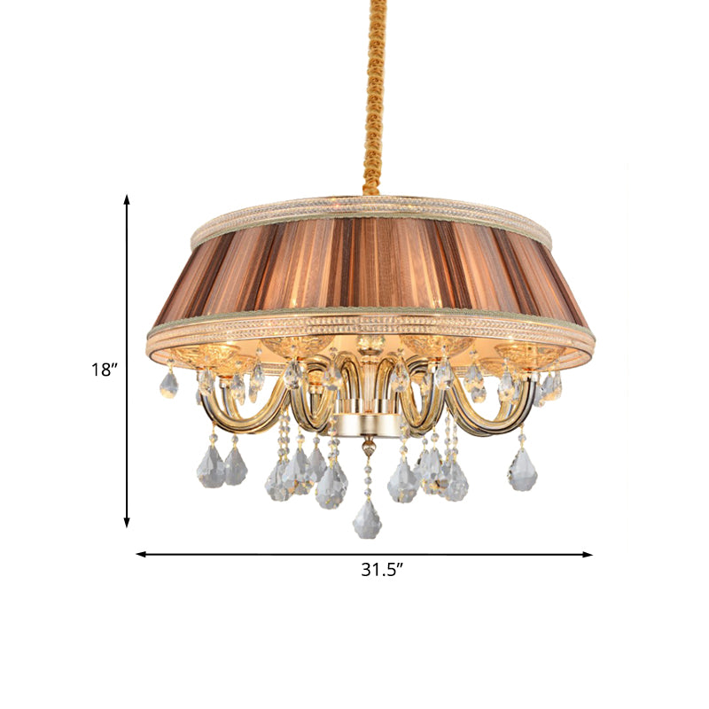 Lustre de plafond moderne à tambour kaki avec gouttelettes de cristal - Éclairage suspendu en tissu plissé à 8 têtes
