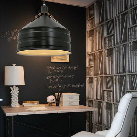 Industrial Metal Ceiling Hanging Lamp with Black Drum Shade – 1-Light Pendant for Bedroom