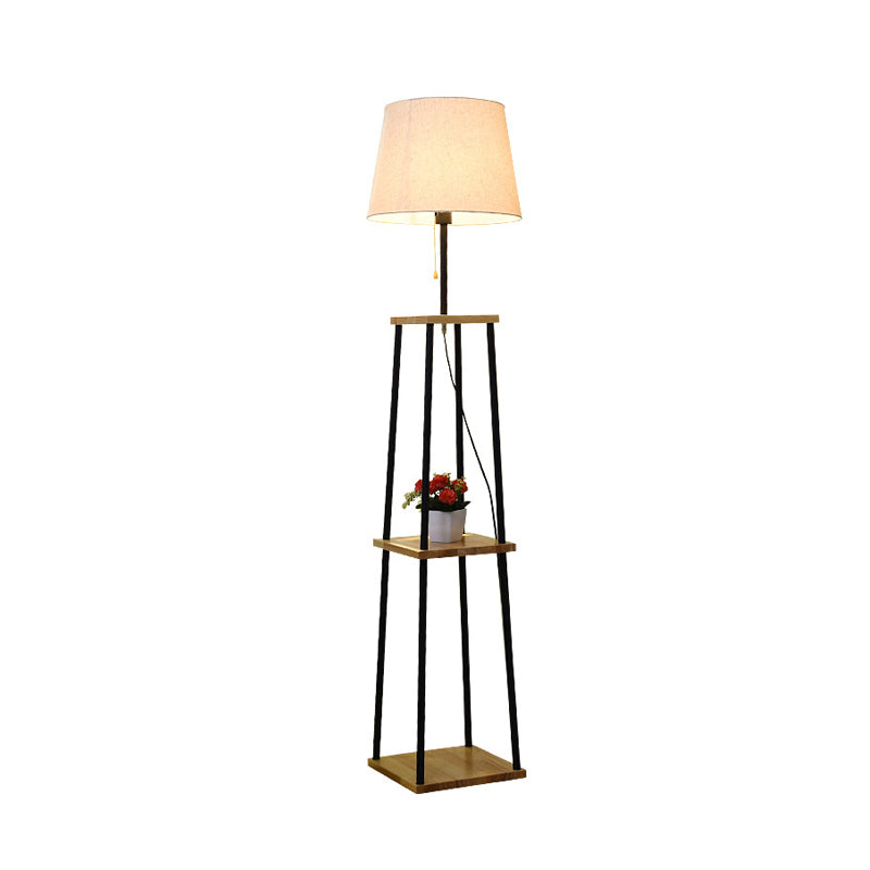 Modernist Wood Floor Lamp - Single Head Flaxen Pull-Chain Light With Fabric Shade