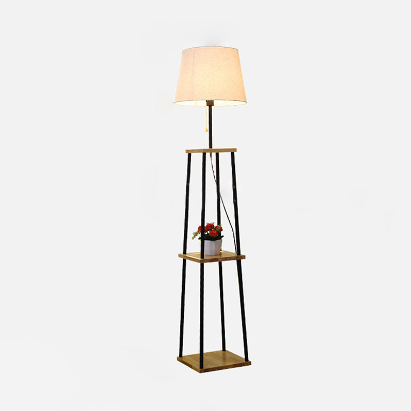 Modernist Wood Floor Lamp - Single Head Flaxen Pull-Chain Light With Fabric Shade