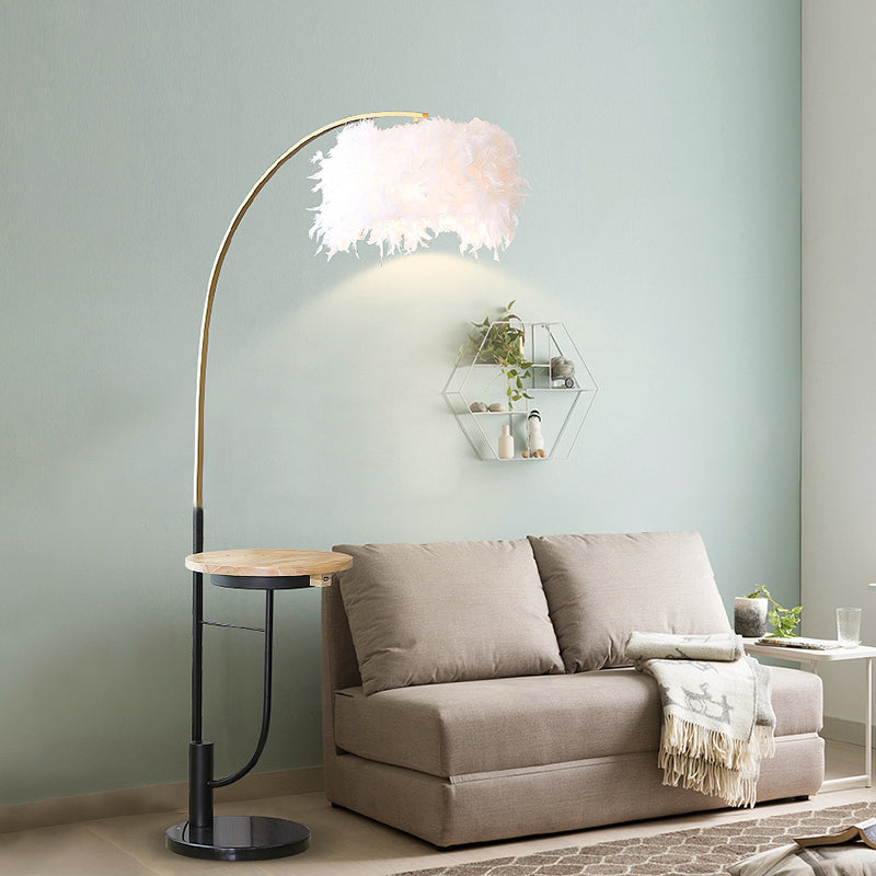 Modern Single Gold And Black Standing Lamp: Fishing Rod Style With White Feather Drum Shade