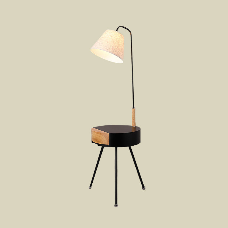Modern Tripod Floor Lamp With Metallic Single Head Wood Stand And Fabric Shade - Black/Grey/White
