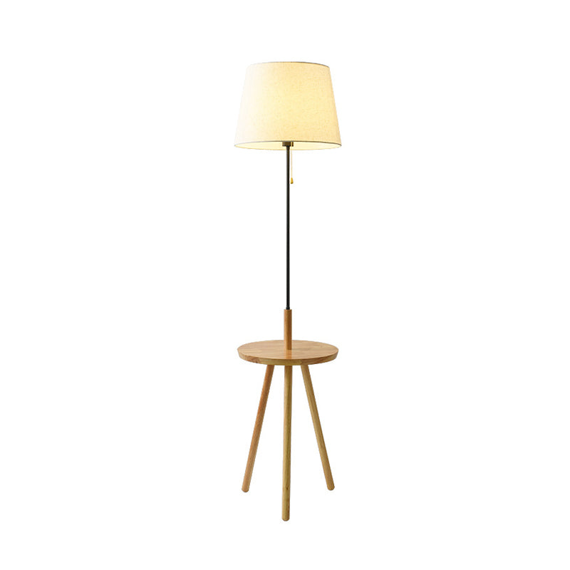Modern Barrel Fabric Floor Lamp With Pull Chain - Black/White & Wood