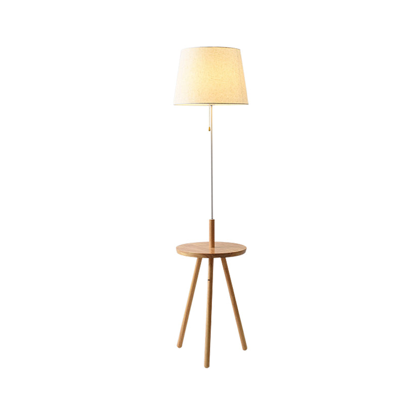Modern Barrel Fabric Floor Lamp With Pull Chain - Black/White & Wood