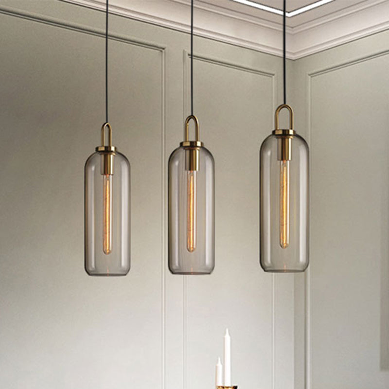 Suspension de salle à manger post-moderne avec abat-jour en verre transparent/fumé - 1 lampe, 5"/6" de large
