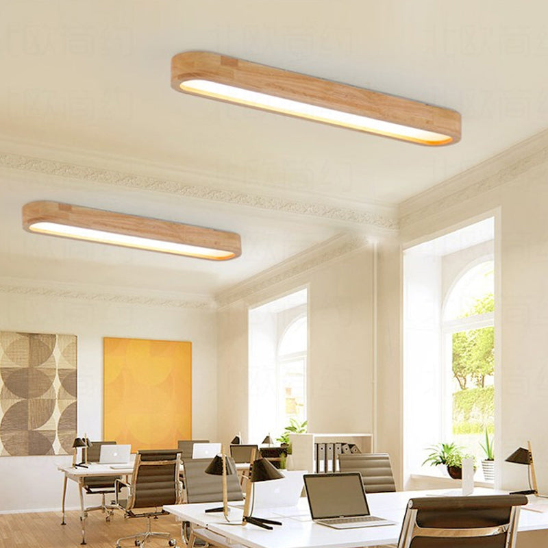 Modern Oval Wood Ceiling Light Fixture with Diffuser - 1-Light Office Flush Mount Lamp - Sizes: 25.5"/35.5"/47" W