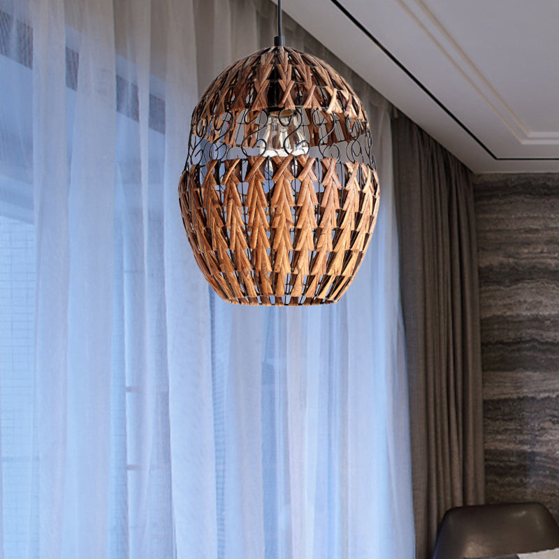 Rustic Rattan Hanging Ceiling Light - Single Bulb Pendant Lamp In Brown For Living Room