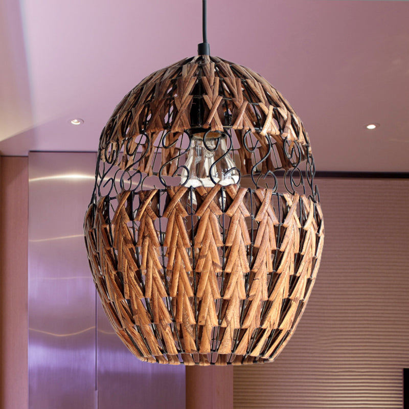 Rustic Rattan Hanging Ceiling Light - Single Bulb Pendant Lamp In Brown For Living Room