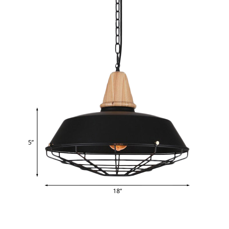 Metallic Retro Style Ceiling Hanging Pendant Light with Barn and Wire Guard, 1 Head, Black, 3 Sizes Available