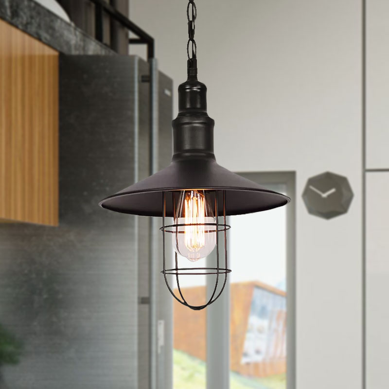 Suspension à abat-jour conique avec grille de protection - Luminaire suspendu en métal noir nautique pour une utilisation en intérieur