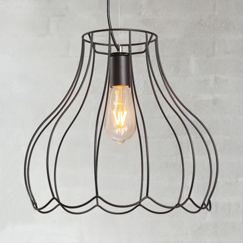 Conical Cage Pendant Light with Ruffled Edge – Industrial Black Metallic - 10.5"/12.5" Width