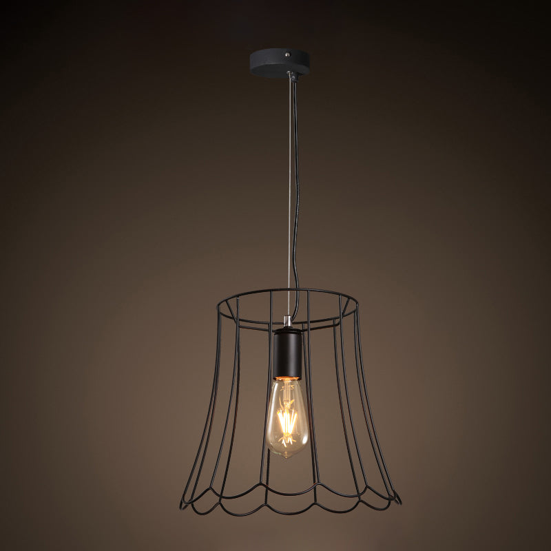 Industrial Black Metallic Pendant Light With Ruffled Edge - 1 Conical Cage 10.5/12.5 Width