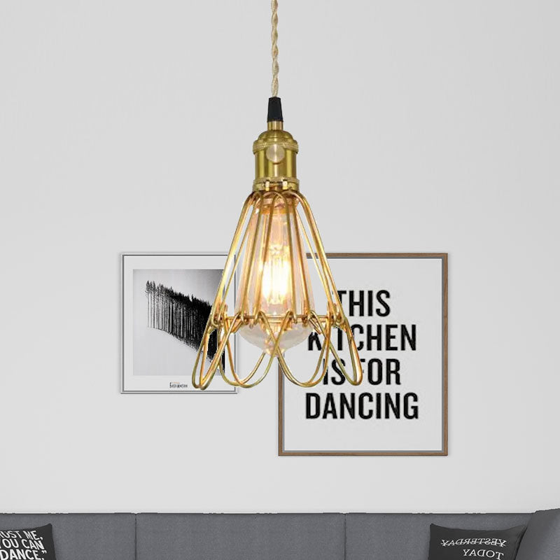 Vintage Brass Wire Frame Pendant Lamp w/ Ruffled Edge - Metallic 1-Light Hanging Light for Living Room