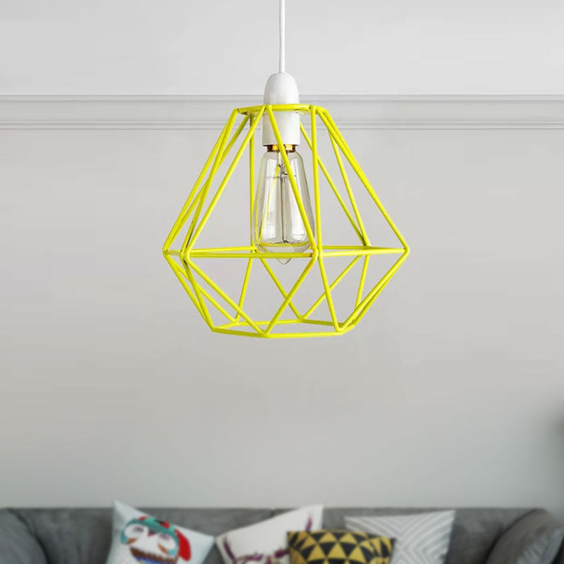 Suspension industrielle à cadre en fil de fer jaune/blanc - Lampe en métal moderne pour salon