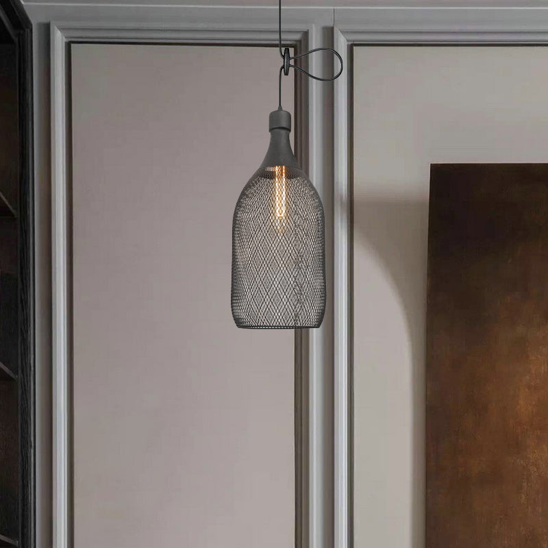 Industrial Black Wire Mesh Pendant Light with Height Adjustable Hanging Lamp for Dining Room