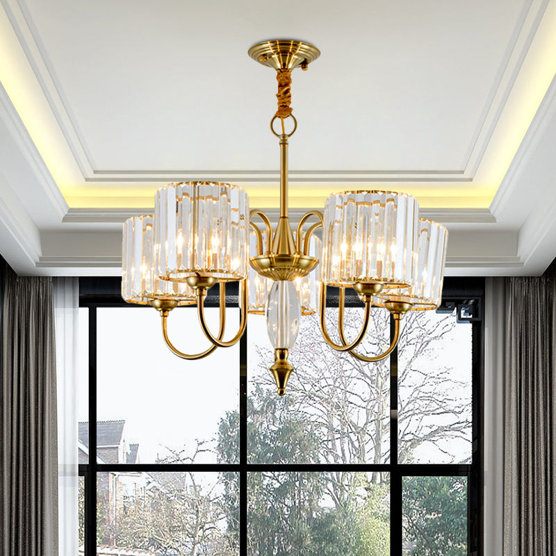 Lustre pendule moderne doré à 5 ampoules avec abat-jour tambour en cristal - Parfait pour l'éclairage de plafond de la salle à manger