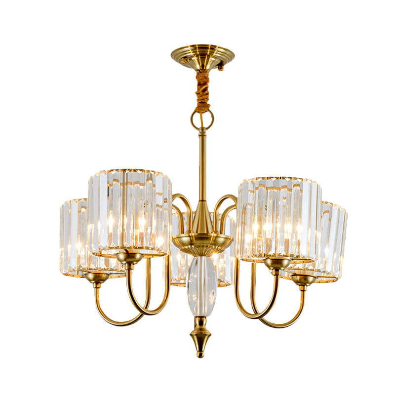 Lustre pendule moderne doré à 5 ampoules avec abat-jour tambour en cristal - Parfait pour l'éclairage de plafond de la salle à manger