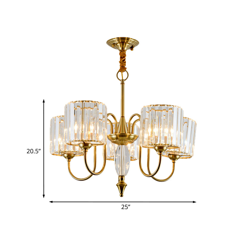 Lustre pendule moderne doré à 5 ampoules avec abat-jour tambour en cristal - Parfait pour l'éclairage de plafond de la salle à manger