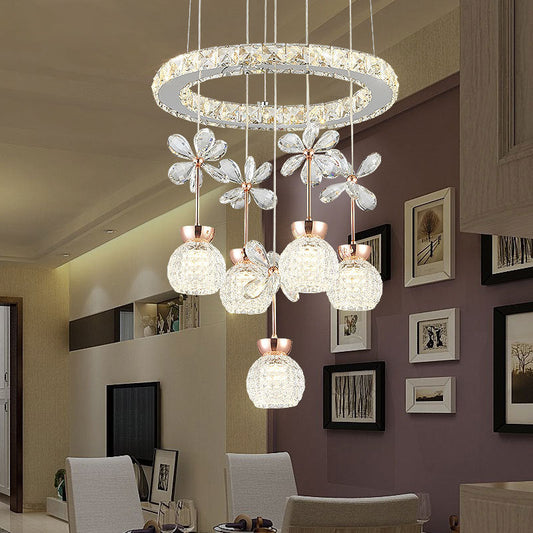Modern Chrome LED Pendant Light with Crystal Dome and Ring Design