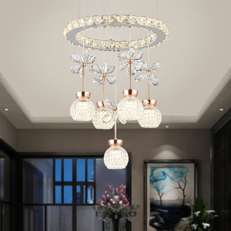 Modern Chrome LED Pendant Light with Crystal Dome and Ring Design