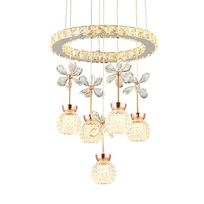 Modern Chrome Led Pendant Light With Clear Beveled Crystal Dome Ring Pendulum And Flower Design