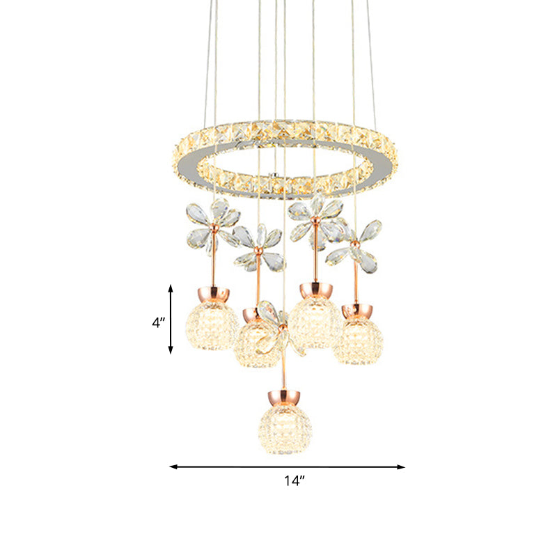 Modern Chrome LED Pendant Light with Crystal Dome and Ring Design