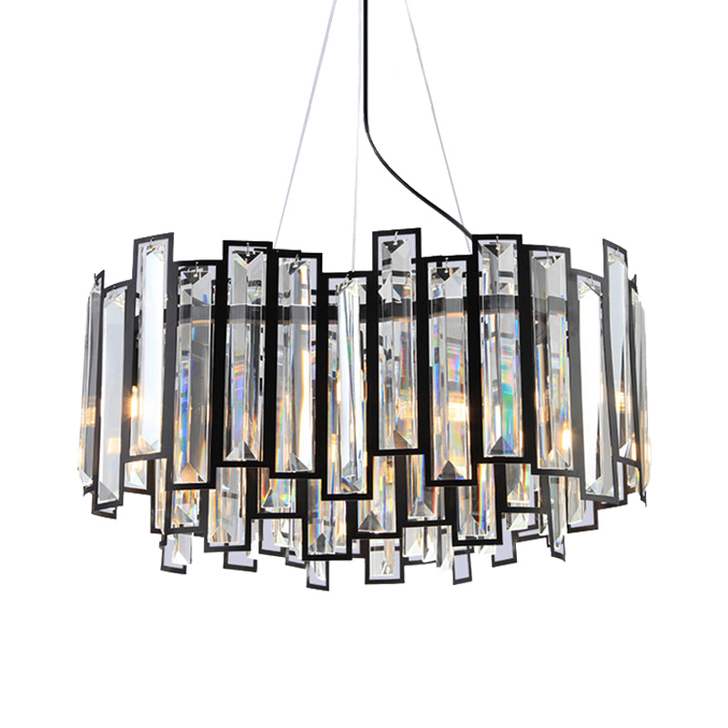 Modernist Geometric Dining Room Hanging Lamp Kit with Clear Crystal Prism, Black LED Chandelier - 6 Heads