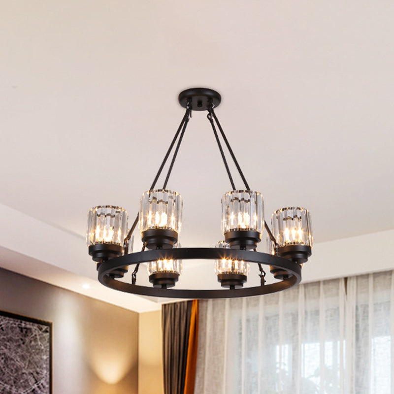 Lustre en forme de roue de chariot en fer vintage - Noir, pendentif à 8 têtes avec abat-jour cylindrique en cristal - Suspensions de salon