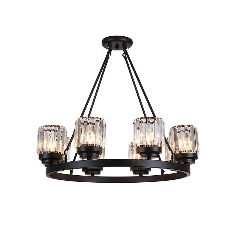 Lustre en forme de roue de chariot en fer vintage - Noir, pendentif à 8 têtes avec abat-jour cylindrique en cristal - Suspensions de salon