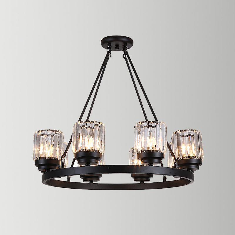 Lustre en forme de roue de chariot en fer vintage - Noir, pendentif à 8 têtes avec abat-jour cylindrique en cristal - Suspensions de salon