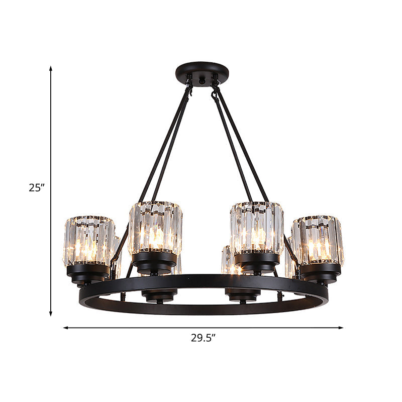 Lustre en forme de roue de chariot en fer vintage - Noir, pendentif à 8 têtes avec abat-jour cylindrique en cristal - Suspensions de salon