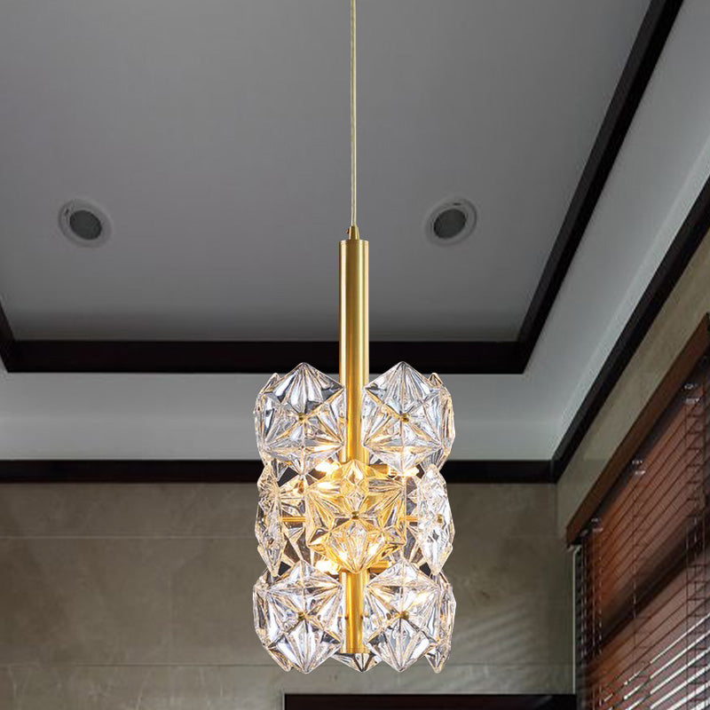 Gold Hexagonal K9 Crystal Cylinder Pendant Light - Sleek Simplicity for Bedroom - 6-Bulb Hanging Lamp