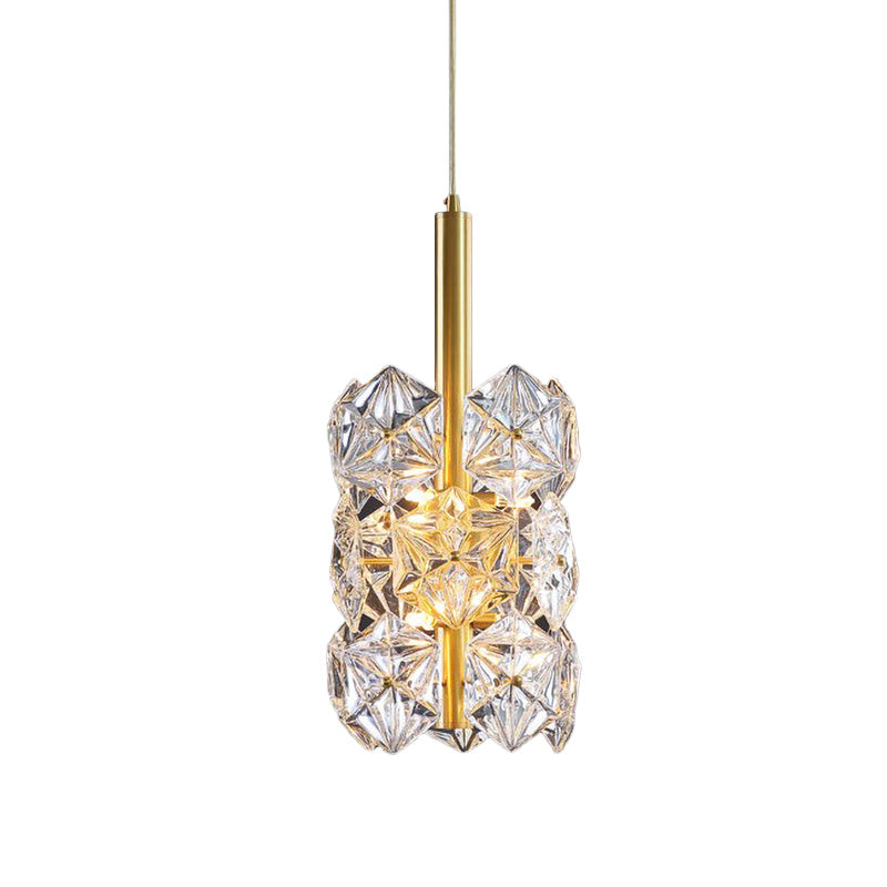 Gold Hexagonal K9 Crystal Cylinder Pendant Light - Sleek Simplicity for Bedroom - 6-Bulb Hanging Lamp