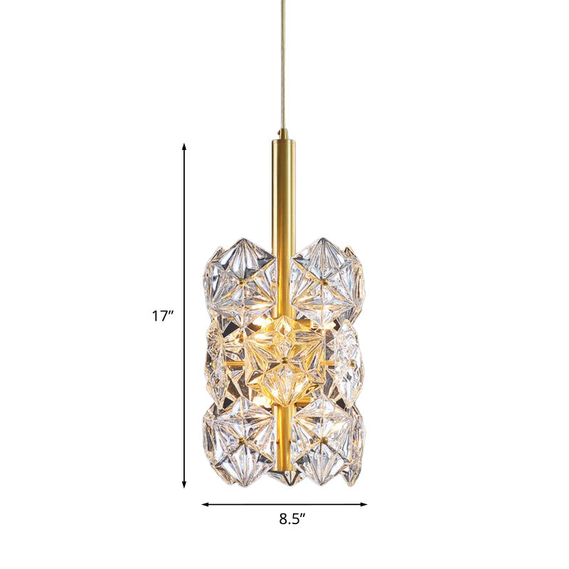 Gold Hexagonal K9 Crystal Cylinder Pendant Light - Sleek Simplicity for Bedroom - 6-Bulb Hanging Lamp
