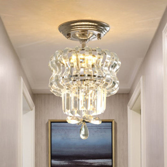 Simple Crystal 2-Tier LED Semi Flush Silver Light Fixture – Small Hallway Ceiling Lamp