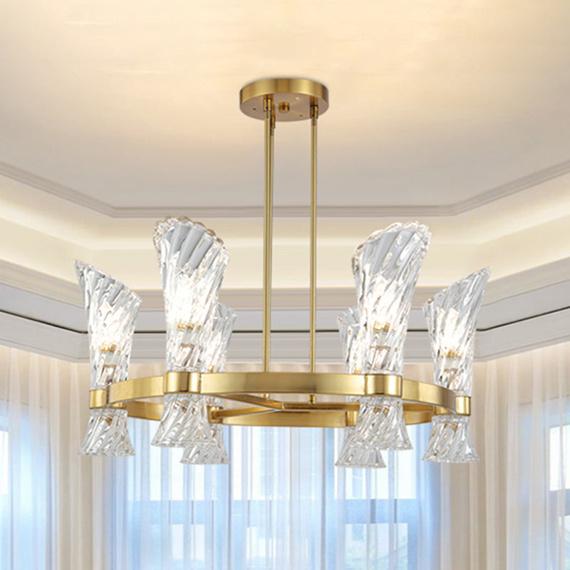 Plafonnier semi-encastré moderne en métal doré à 6 lampes avec abat-jour torsadé en cristal