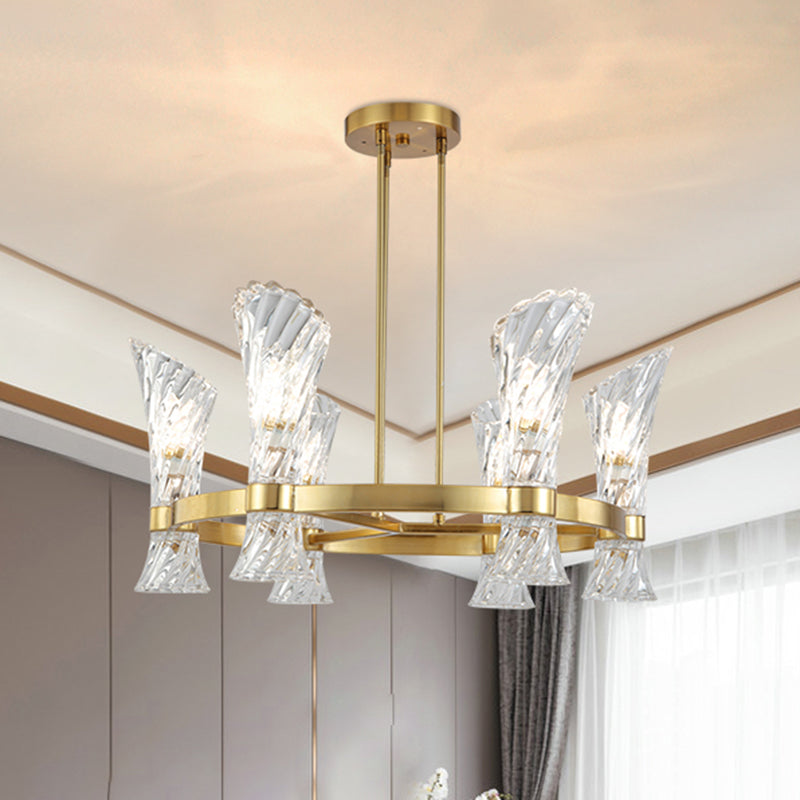 Plafonnier semi-encastré moderne en métal doré à 6 lampes avec abat-jour torsadé en cristal