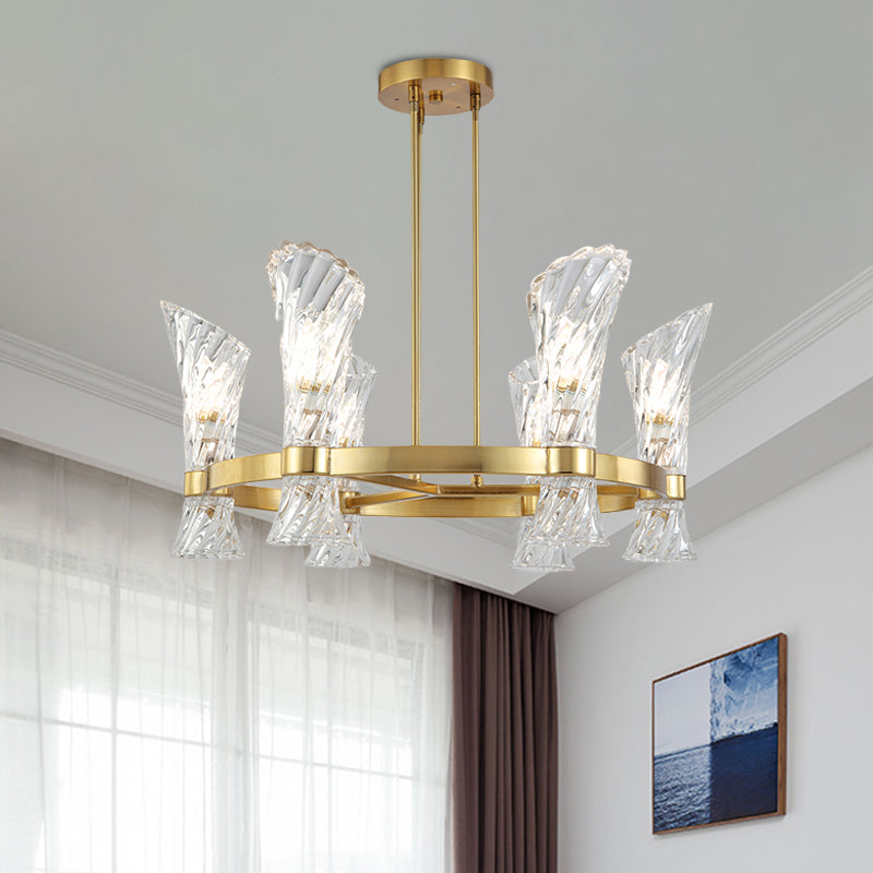 Plafonnier semi-encastré moderne en métal doré à 6 lampes avec abat-jour torsadé en cristal