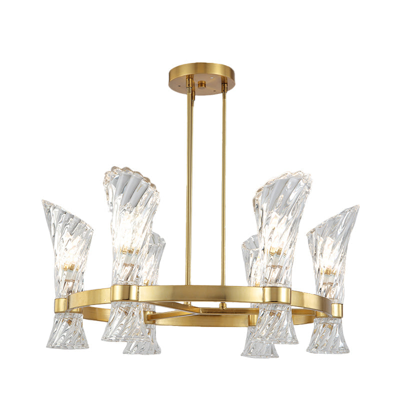 Plafonnier semi-encastré moderne en métal doré à 6 lampes avec abat-jour torsadé en cristal