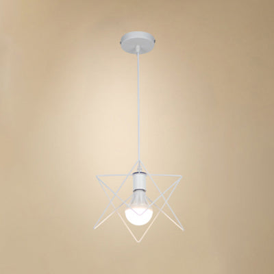 Vintage Pendant Light with Wire Frame, Star Shade & White Finish - Bedroom Suspension Lighting