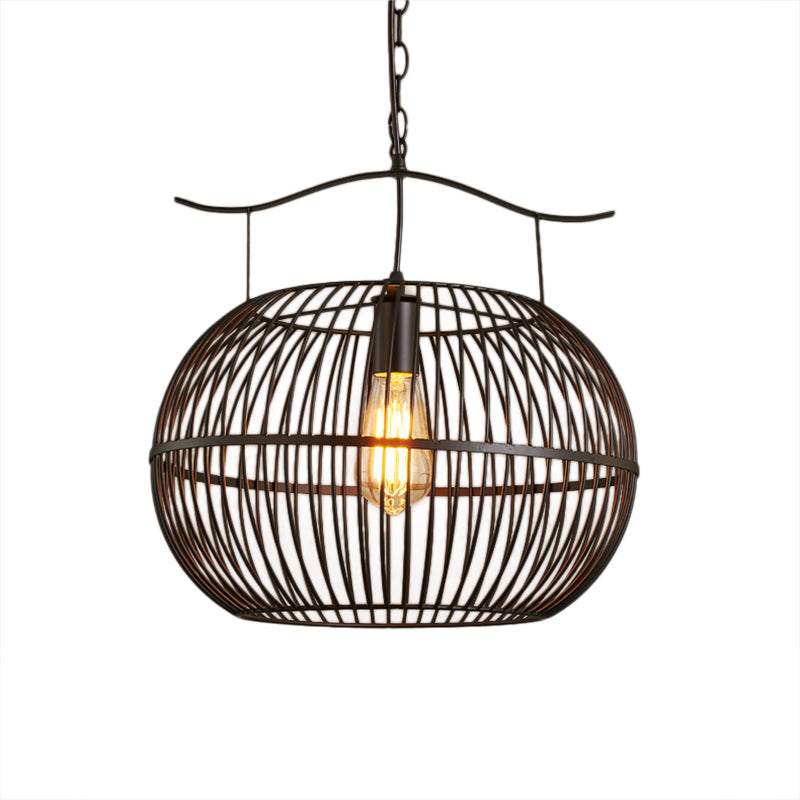 Plafonnier suspendu en métal noir de style industriel avec cage métallique, abat-jour rond et chaîne - Parfait pour le salon