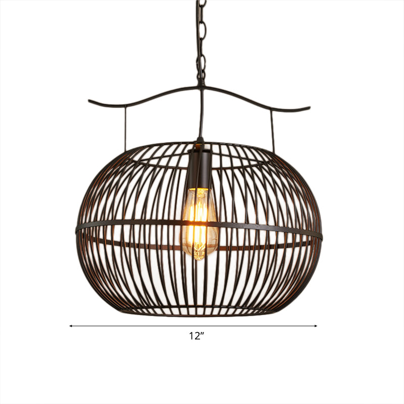 Industrial Style Wire Cage Ceiling Light With Round Shade - Black Metal Pendant Lighting For Living