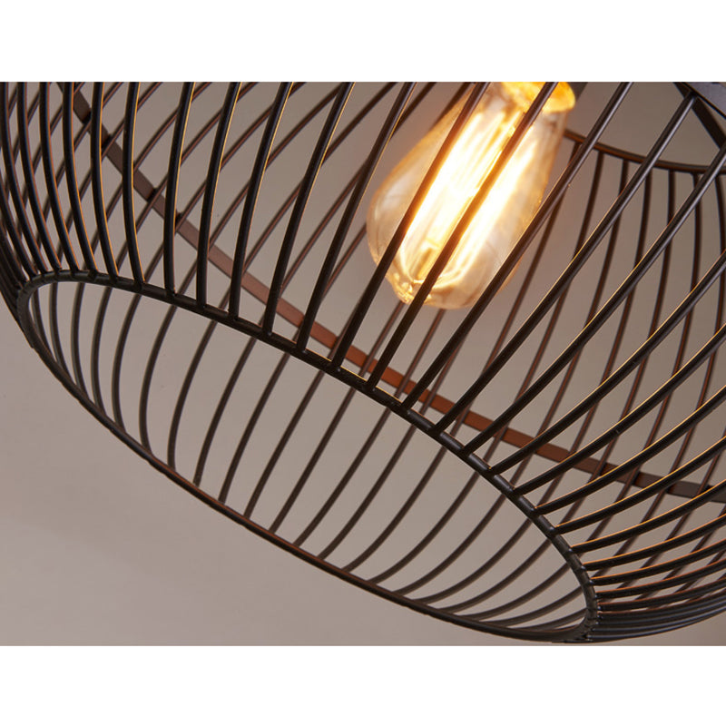 Plafonnier suspendu en métal noir de style industriel avec cage métallique, abat-jour rond et chaîne - Parfait pour le salon