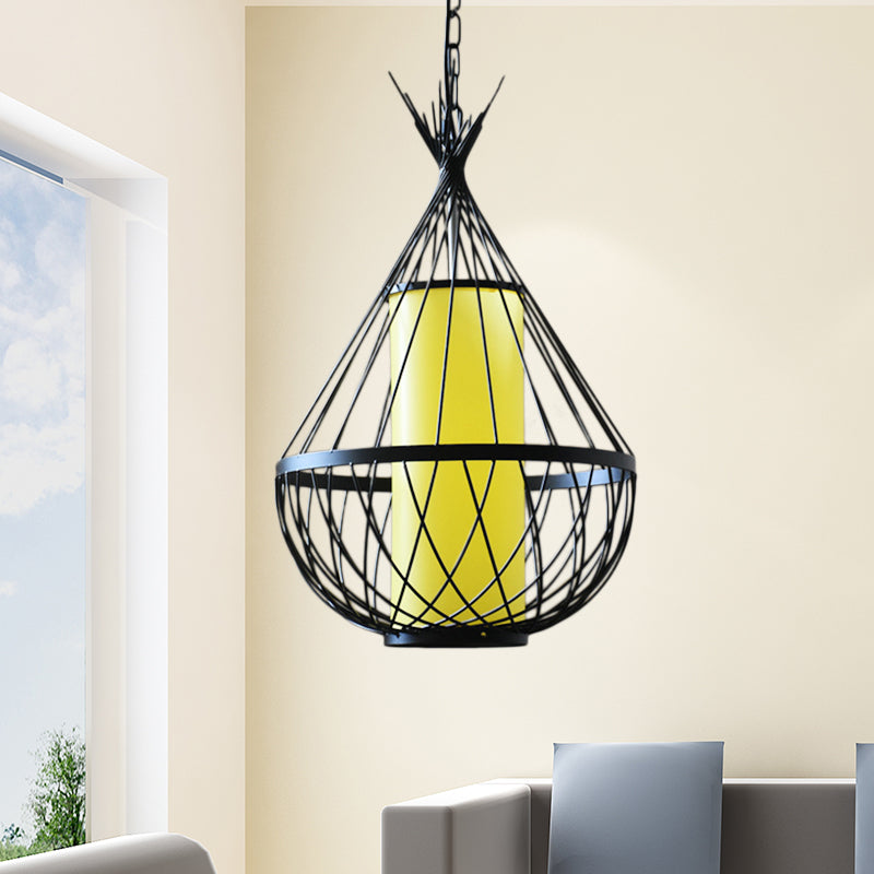 Vintage Style Black Metal Water Drop Pendant Light With Wire Frame And Chain