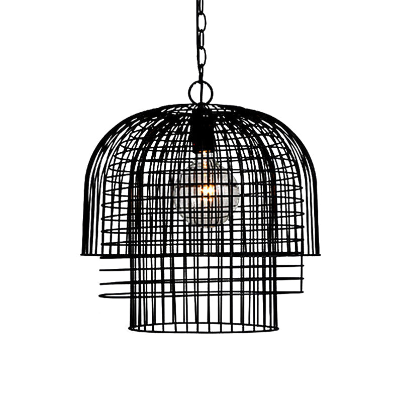 Black Finish Wrought Iron Pendant Lamp with Caged Head and Chain