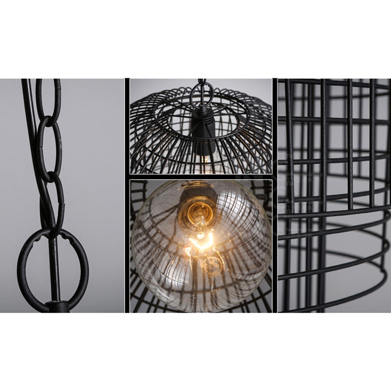 Black Finish Wrought Iron Pendant Lamp with Caged Head and Chain