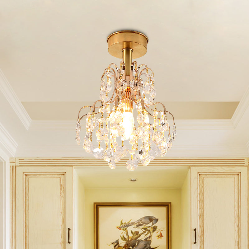 Contemporary Brass Teardrop Semi Flush Light with Crystal Shade - Ideal for Corridors