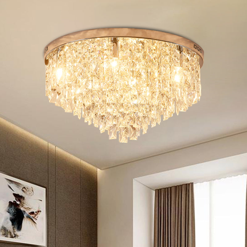 Minimalist Gold Flush Mount Crystal Ceiling Lamp - 12 Heads, Clear Layered Design for Living Room