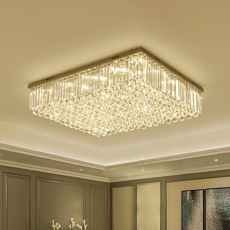 Contemporary Rectangle LED Flush Ceiling Light with Clear Crystal - Perfect for Living Room