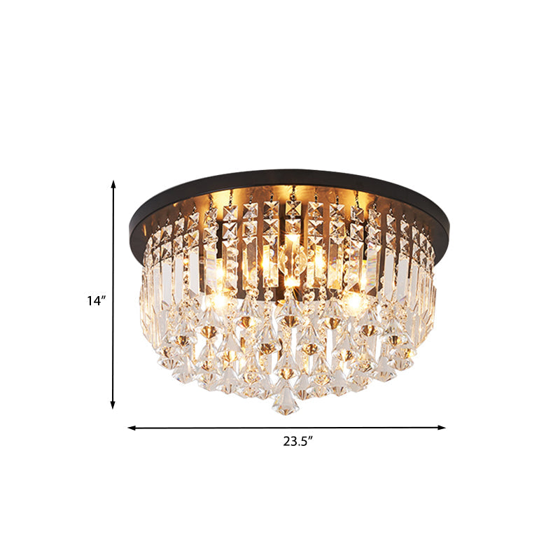 Contemporary Black Crystal Cascade Ceiling Light for Bedroom - 9-Light Flush Mounted Fixture